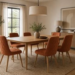 Set of 6 Camel Brown Velvet Dining Chairs – Mid-Century Modern, Wood Legs
