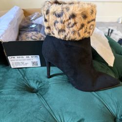 Leopard Faux Fur Trim Stiletto Ankle Boots – Size 7 – Brand New