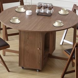 Round Folding Dining Table for 4-8, Wood Kitchen Foldable Large Drop Leaf Table w/ Storage