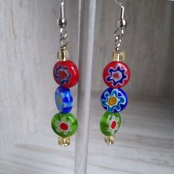 Handmade Glass Bead Millefiori Dangle Earrings 