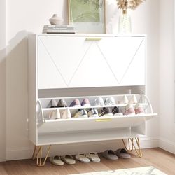 Shoe Cabinet with 2 Flip Drawers, Shoe Storage Cabinet Entryway Slim, White and Gold Narrow Shoe Cabinet w/Metal Legs, Hidden Freestanding Shoe Rack O