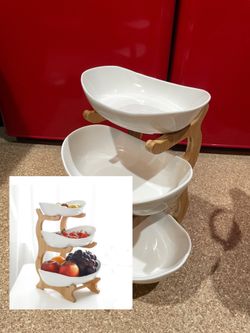 CASH ONLY 3 tier fruit stand bamboo and ceramic