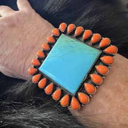 Huge Turquoise & Coral Silver Cuff