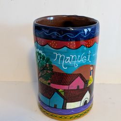 Mug Hand Painted Clay Colorful Mug Pink Handle Village People Manuel