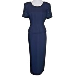 Vtg R&M Richards Navy Beaded Formal Maxi Dress 8P
