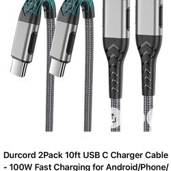 Durcord 2Pack 10ft USB C Charger Cable - 100W Fast Charging