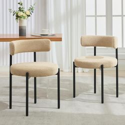 Boucle Dining Chairs Set of 2, Mid-Century Modern, Warm Beige Curved Barrel Backrest, Soft Boucle Upholstery, 4-inch Padded Seat, 350 LBS,