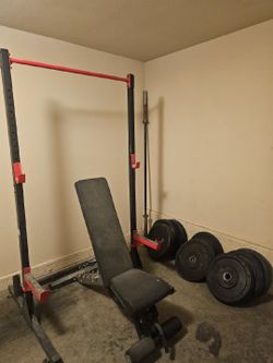 Gym set, squat rack, bench dumbells etc
