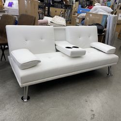 Modern Faux Leather Convertible Futon Sofa Bed with Cup Holders, White