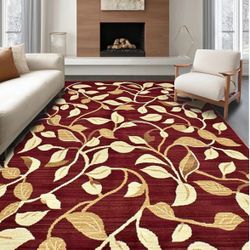 🔥Special Discount (Brand New In Box )🔥Ultra Soft Area Rug 6 x9，Elegant Burgundy Runner Featuring Stylized Leaf and Vine Motifs, Non Slip, Stain Resi