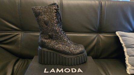 Size 8 LAMODA Black Glitter Heart Platform Boots | Never Used