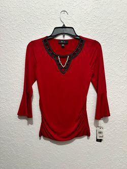 BCX Red Embellished V-Neck Top XXS