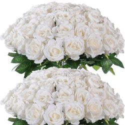 New 60 pcs Realistic White  Faux Silk Roses
