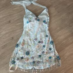 XS Floral Sequin V-Neck Dress in Blue - Lucy In The Sky