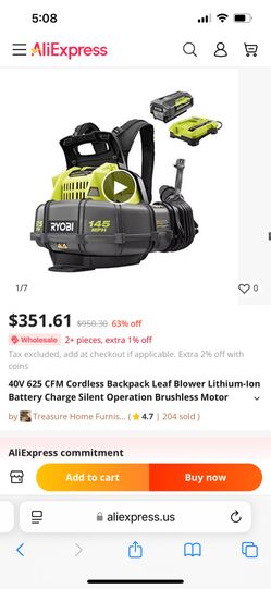 RYOBI RY40440 145 MPH 625CFM 4OV Lithium -lon Cordless Backpack Leaf Blower Tool Only 