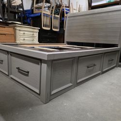 Modern Gray Full Size Platform Bed Frame with 6 Drawers