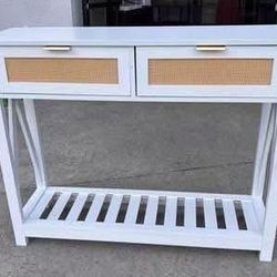 New in Box Console Table with 2 Rattan Drawers, Entryway Table w/ 3-Tier Shelve Black or White