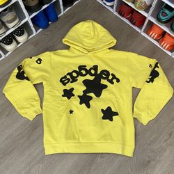 Sp5der Yellow Stars Hoodie Size Large