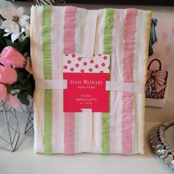 NEW ISAAC MIZRAHI  OBLONG TABLECLOTH  Pink / Green / Yellow  STRIPE  60 X 84