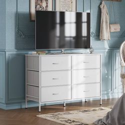 Bedroom dresser with 6 drawers, wide fabric dresser for 50 inch TV, with metal frame, wooden top, fabric storage dresser for bedroom, hallway