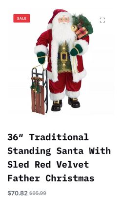 36″ Traditional Standing Santa With Sled Red Velvet Father Christmas