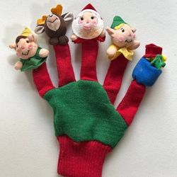 Vintage Hand Crafted Red Green Knit Pretend Play Finger Puppet Glove Christmas Santa And Elves