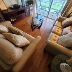 Beige Leather Couch and Loveseat