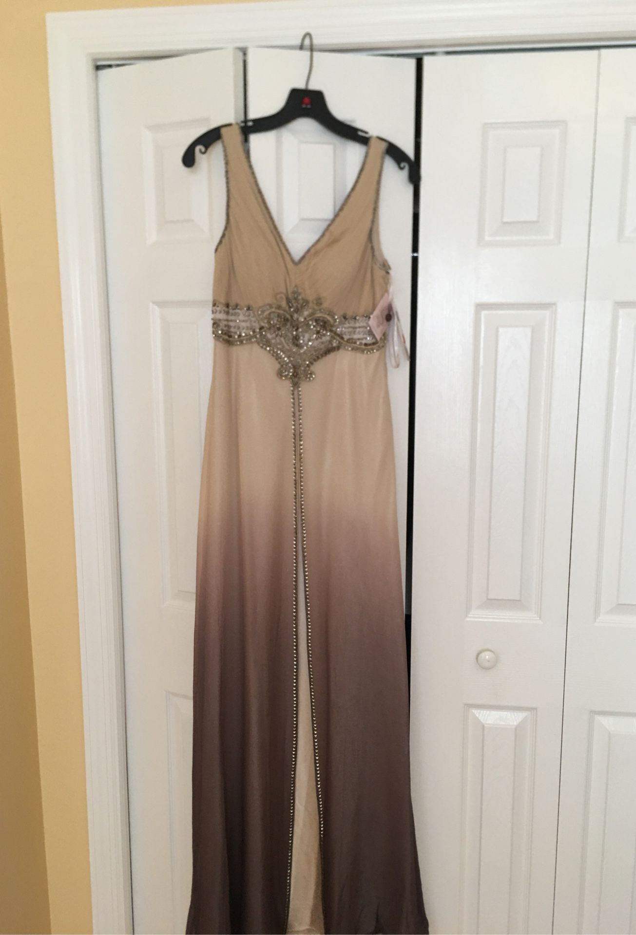 Designer Sue Wong ombré evening gown size 4. Beautiful delicate bead work on front and back . Front slit exposes a champagne colored under piece.