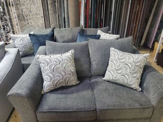 Beautiful 2 Pc Gray Sofa With Loveseat And Accent Pillows (New)