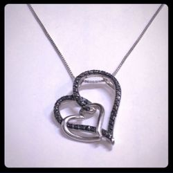 .925 Sterling Silver | Black Diamond Double Heart Necklace | Pendant | Jewelry