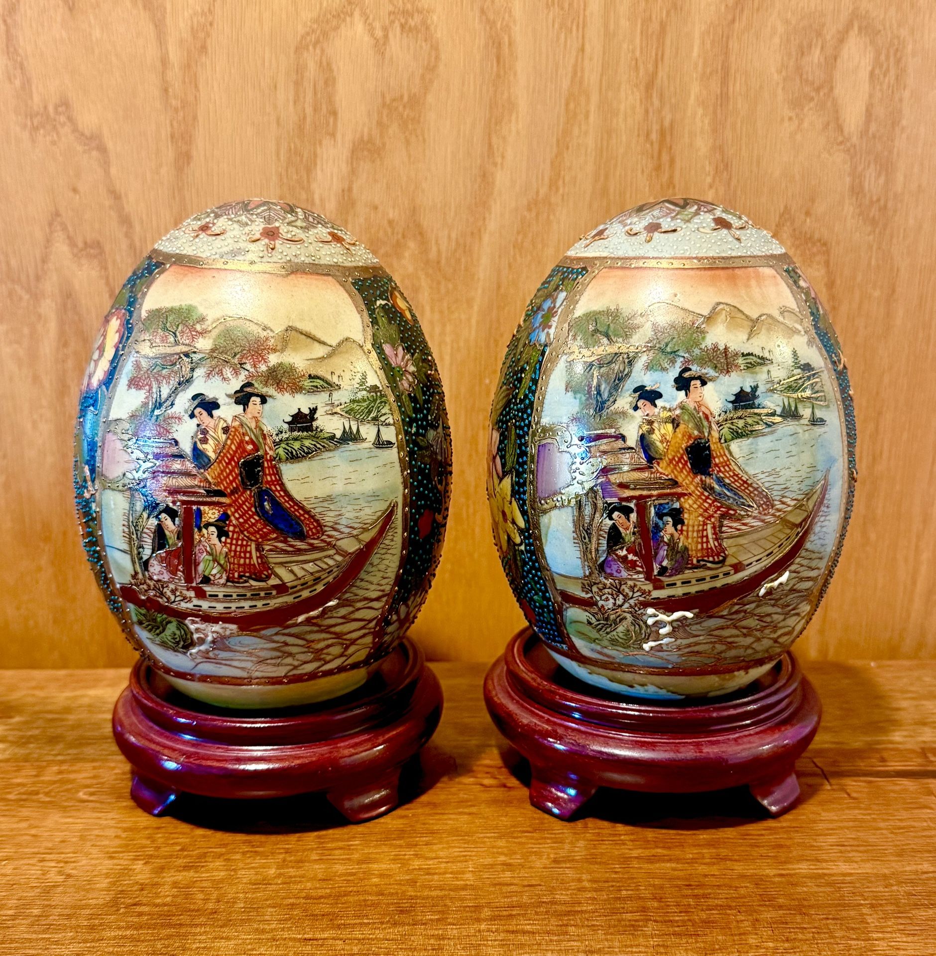 Set 2 Asian Chinese Japanese HandPainted Decorative Porcelain Egg w/Wooden Stand