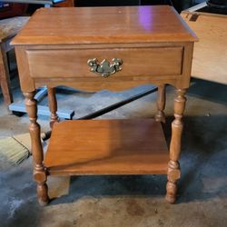 Wooden 2 Tier Side Table With Drawer Vintage 