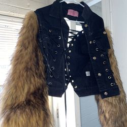 Azalea Wang Fur Sleeve Denim Jacket 