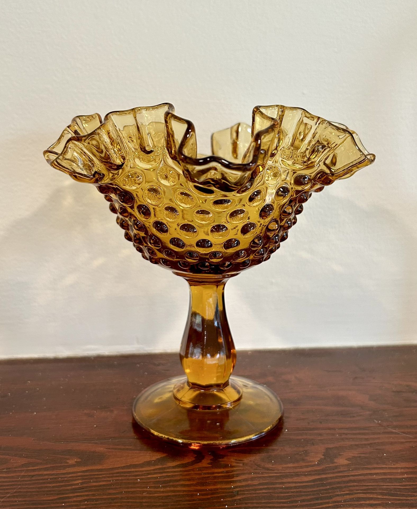 Vintage Fenton Ruffle Amber Hobnail Compote 6” Tall