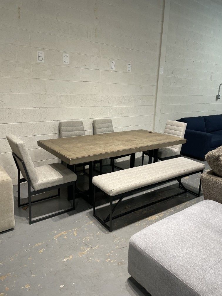 Stone Harbor dining table set with 4 chairs and bench