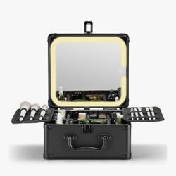 Makeup Box with A Detachable Lighted Mirror, Waterproof Travel Train Case, Cosmetic Organizer Black