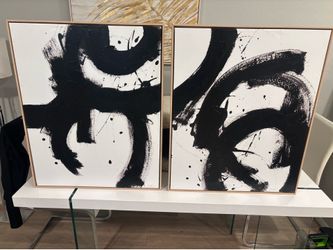 Set of 2 Modern Abstract Black and White Art framed canvas