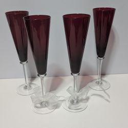 Set of 4 Burgundy Champagne Flutes with Clear Stems & White Ribbons – 10" Tall

