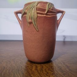 Vintage Roseville Velmoss II Handled Vase Model 714-6 (1935) - Terracotta Red with Green Leaf Accents
