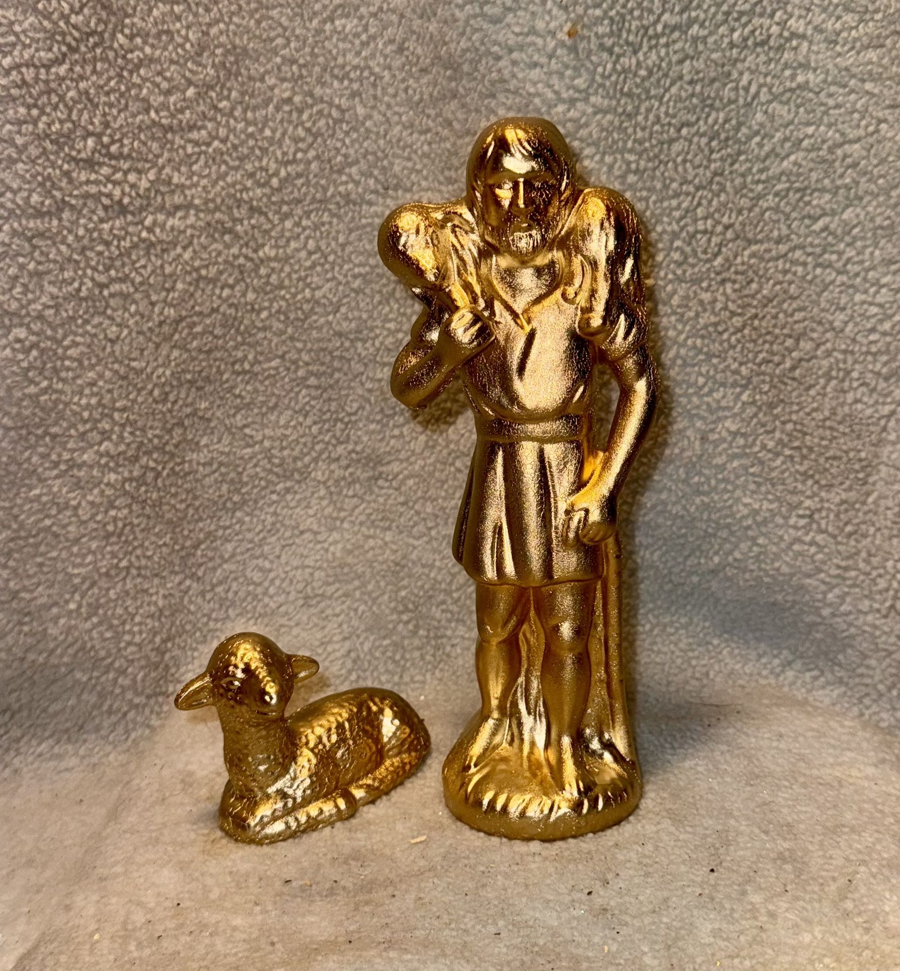 Vtg Golden Stature Of A Man And His Two Sheep