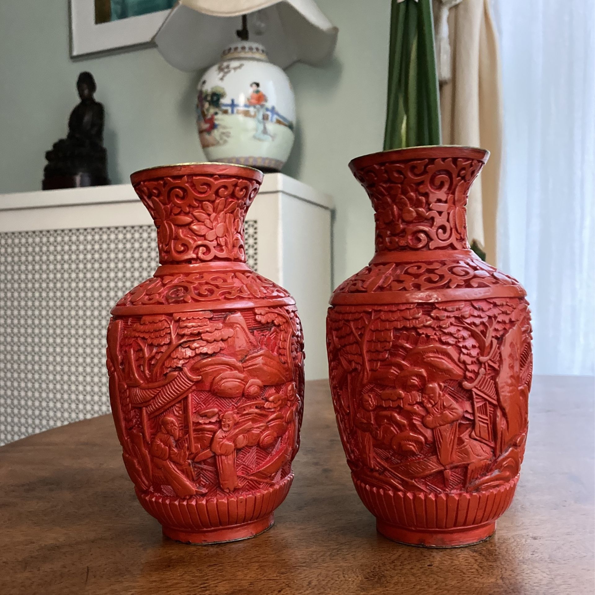 A Pair Antique Chinese Cinnabar Lacquer Vases 