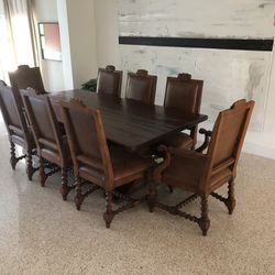 Ralph Lauren Henredon 9pc Dining Room Set Table 8 Chairs Rustic Vintage Leather Wood 