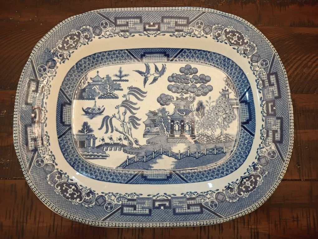Antique 1909 Buffalo Pottery Blue Willow Chinoiserie Oriental Transferware Ceramic Plate Semi Vitreous