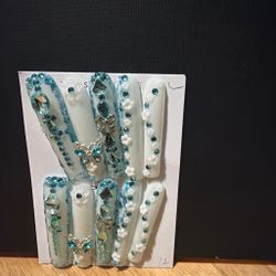 Handmade Press-On Nails Blue & white Gem Set