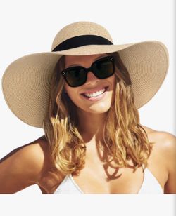 Women's Wide Brim UPF 80 Foldable Packable Floppy Sun Straw Hat, Size M/L, NEW