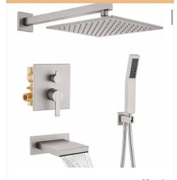 Shower System with Tub Spout, All Metal Bathtub Shower Faucet Set with High Pressure 10 Inch Rain Shower Head and Handheld Shower Head Set, Brushed Ni
