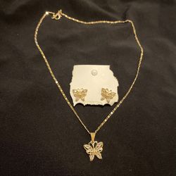 14k Gold Filled Butterfly Jewelry Set Earrings + Necklace 