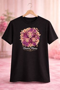 Blessed Mama Lion Floral Tee – Strength, Love & Family Pride 💜🦁