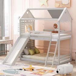  Twin Over Twin Wood Bunk Bed with Slide, House Bunk Bed with Roof and Guardrails for Kids, Boys, Girls (Antique White)
