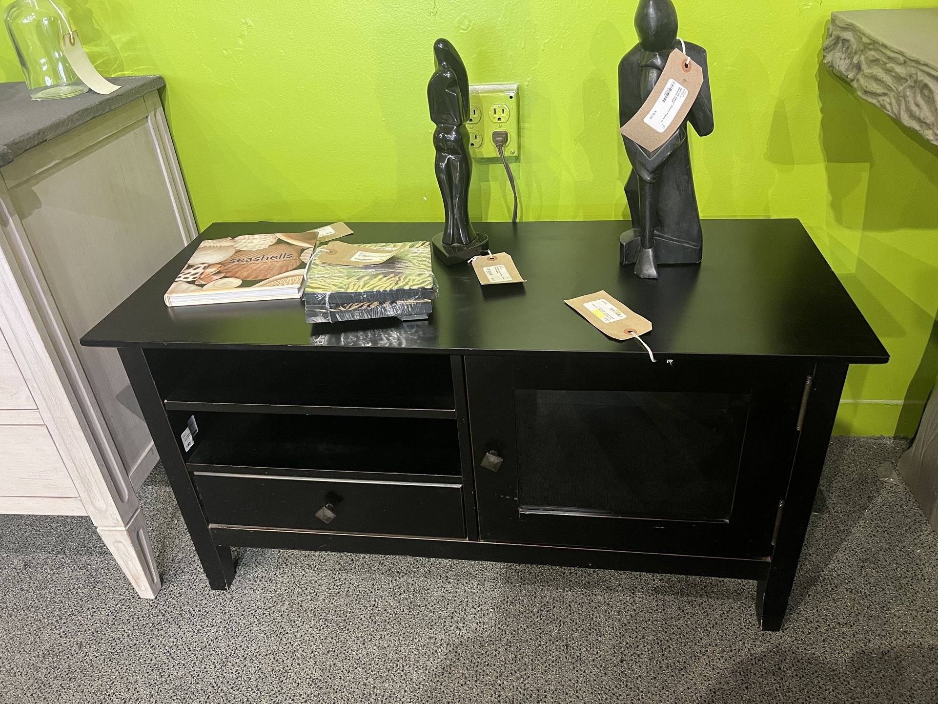 TV Console: Black Wooden TV Stand Glass Cabinet & 1 Drawer SKU RPLEH3